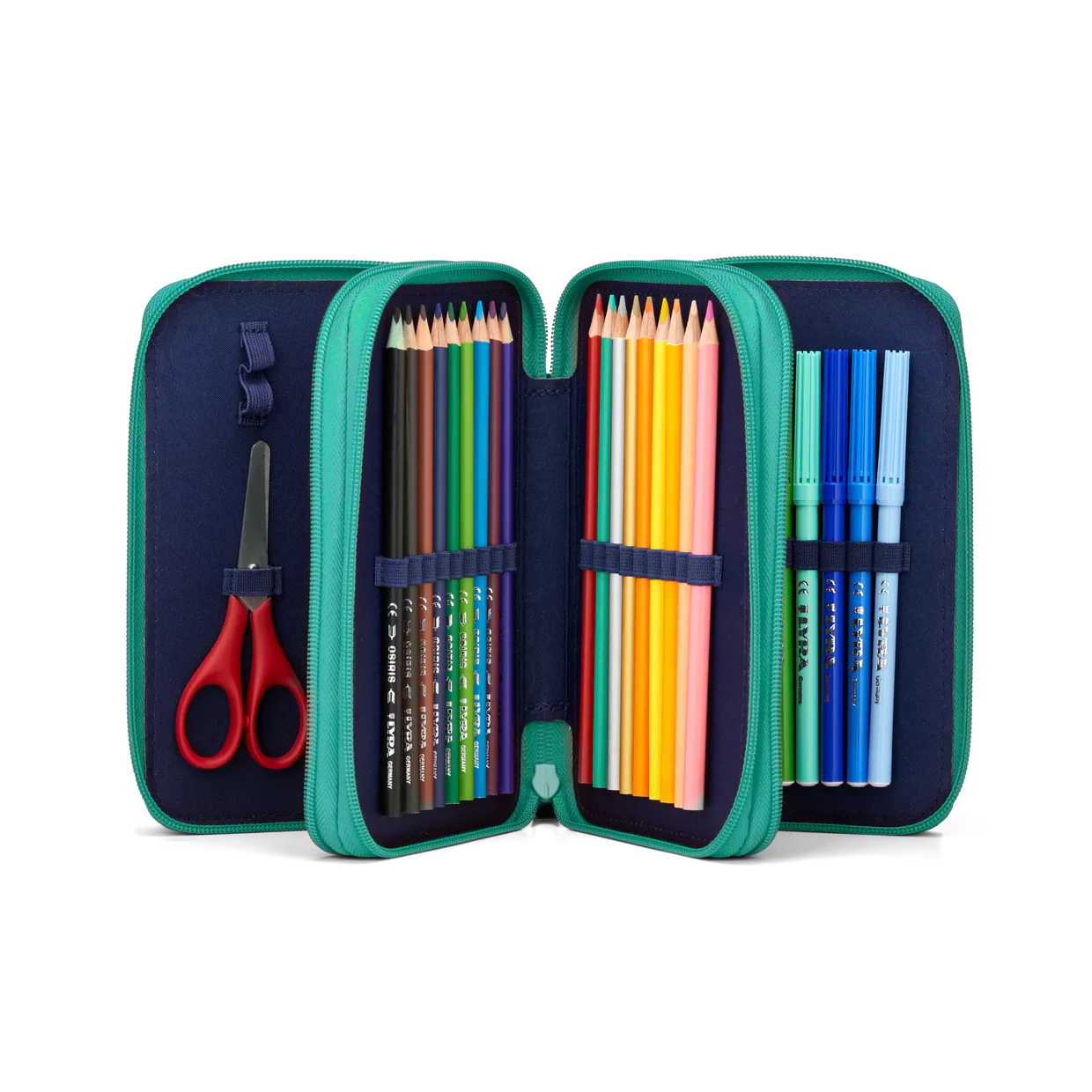 Astuccio HorsedreamBear Ergobag aperto secondo e terzo scomparto con 18 matite colorate e 18 pennarelli Lyra