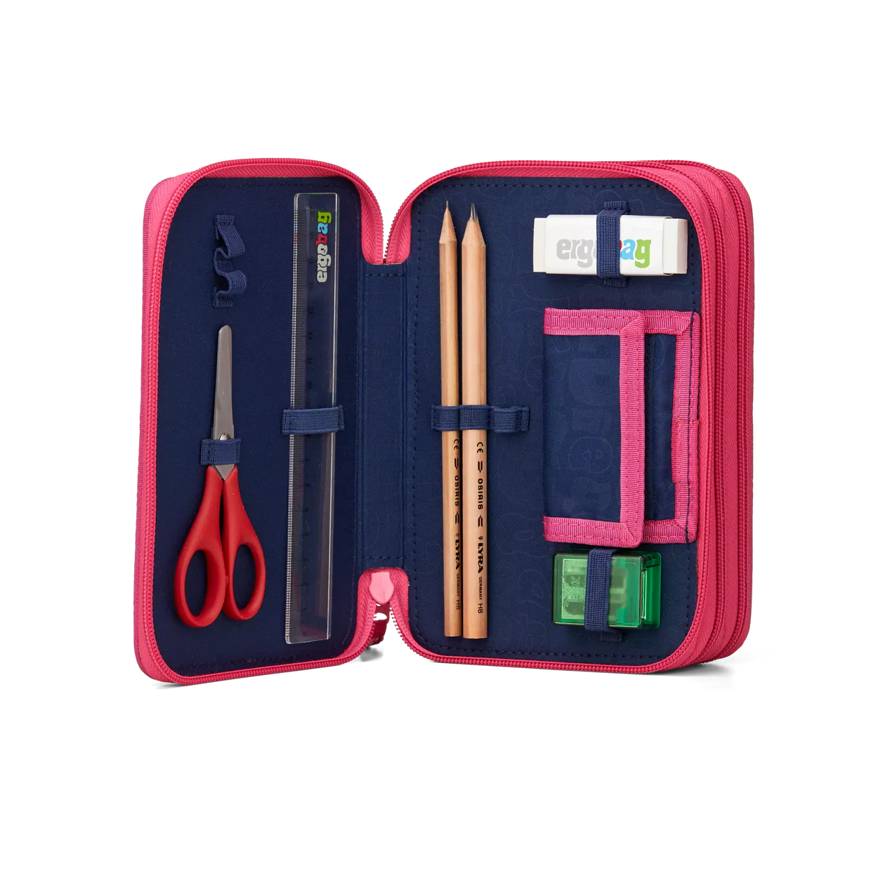 Astuccio StarlightBear Ergobag aperto secondo e terzo scomparto con 18 matite colorate e 18 pennarelli Lyra
