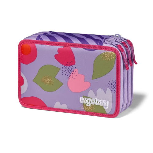 Astuccio Flower PowBear Ergobag lilla con fiori rossi, rosa e foglie verdi e dorate, vista esterna