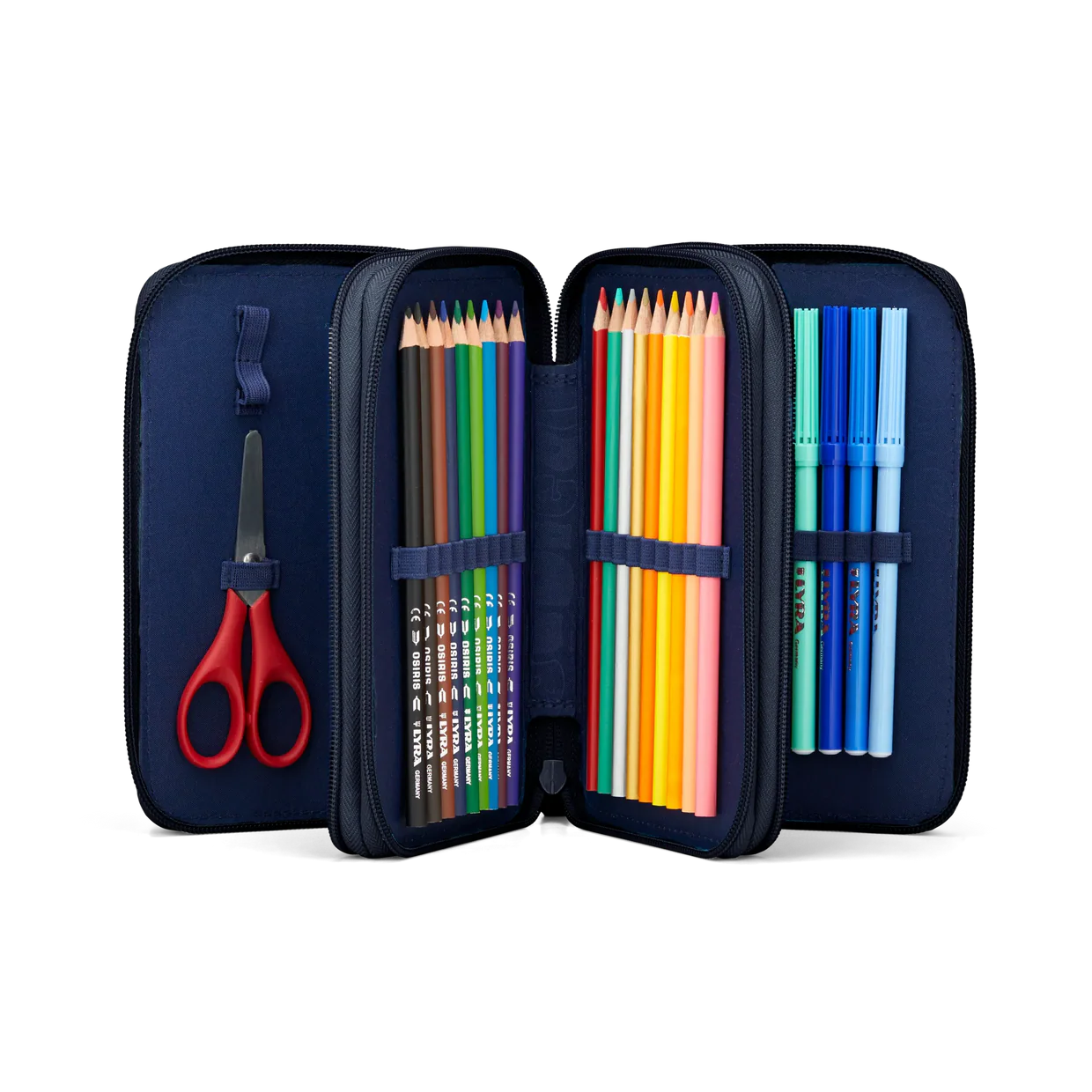 Astuccio Crime HuntBear Ergobag aperto secondo e terzo scomparto con 18 matite colorate e 18 pennarelli Lyra