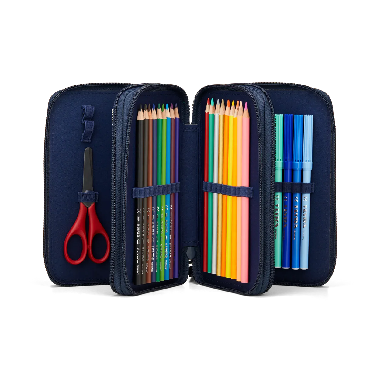 Astuccio FireBear Dragon Ergobag aperto secondo e terzo scomparto con 18 matite colorate e 18 pennarelli Lyra
