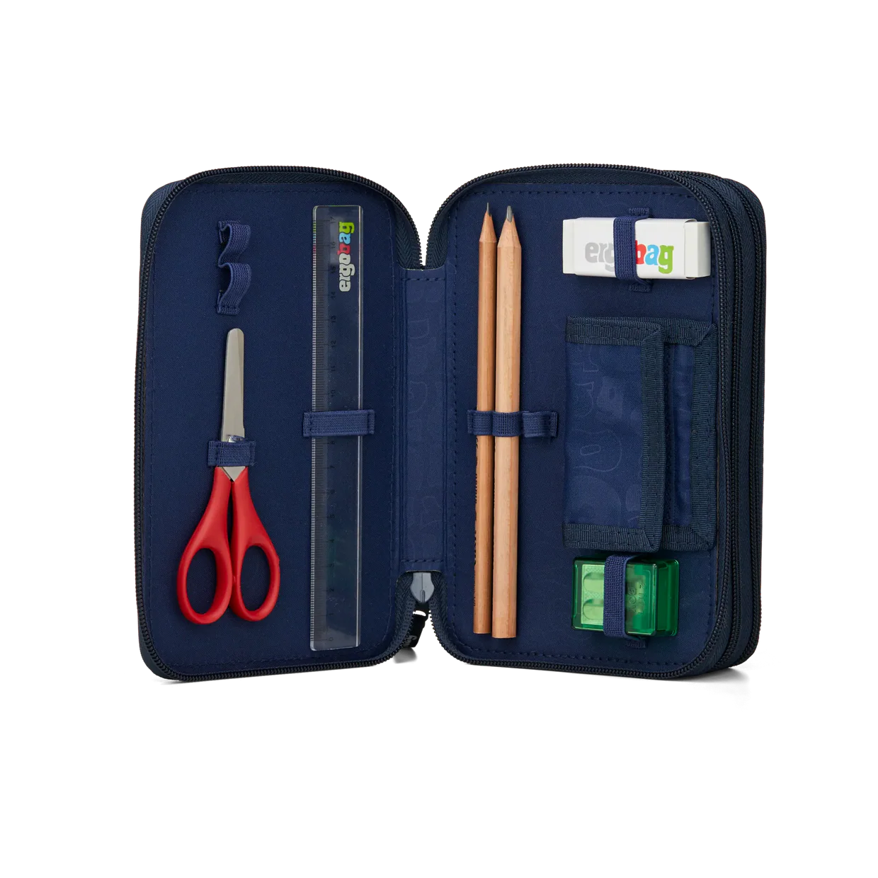 Astuccio FireBear Dragon Ergobag aperto primo scomparto con matite HB, righello, forbici, gomma e temperamatite