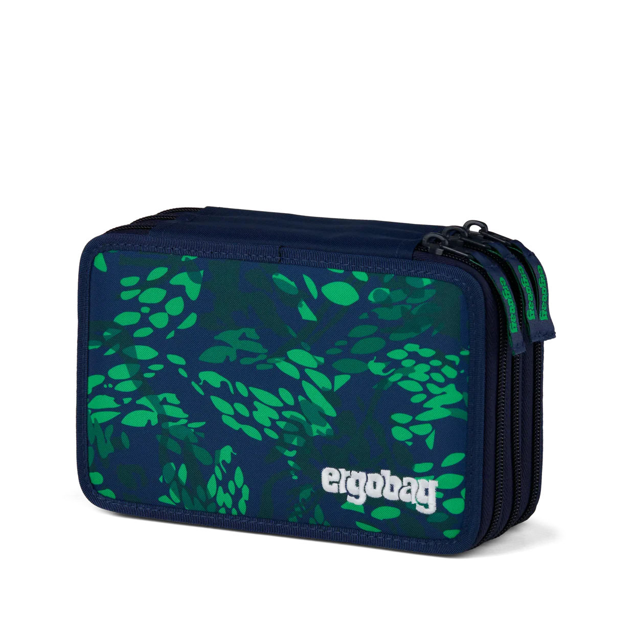 Astuccio FireBear Dragon Ergobag blu navy con foglie verde brillante, vista esterna