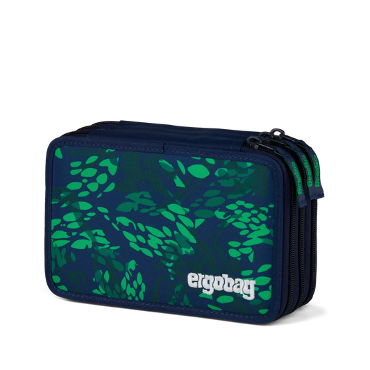 Astuccio FireBear Dragon Ergobag blu navy con foglie verde brillante, vista esterna