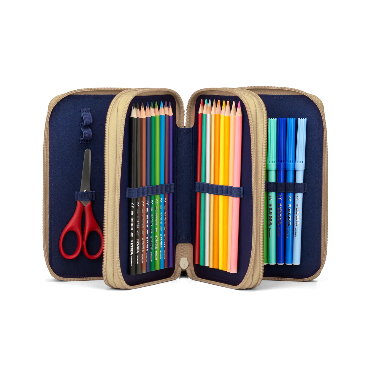 Astuccio FlowBear World Ergobag aperto secondo e terzo scomparto con 18 matite colorate e 18 pennarelli Lyra
