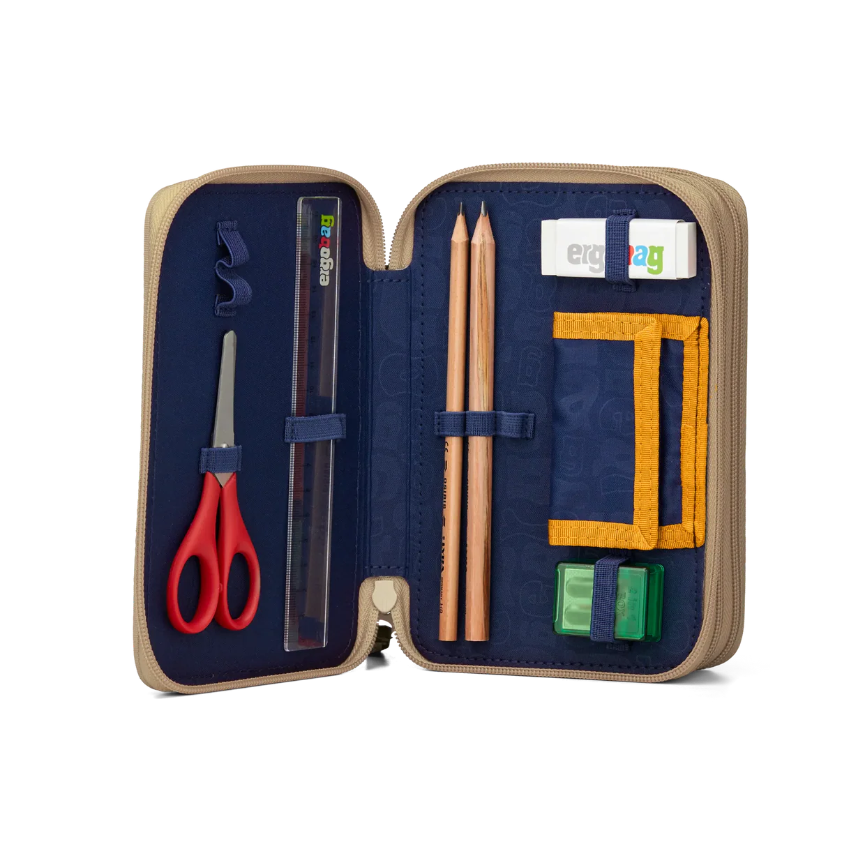 Astuccio FlowBear World Ergobag aperto primo scomparto con matite HB, righello, forbici, gomma e temperamatite