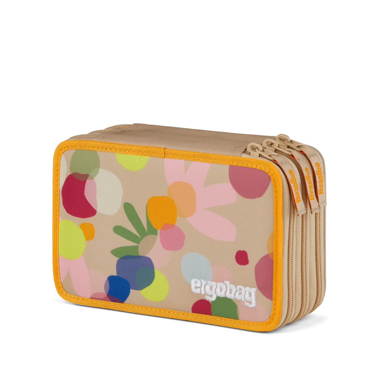 Astuccio FlowBear World Ergobag beige con macchie multicolore pastello e zip gialla, vista esterna