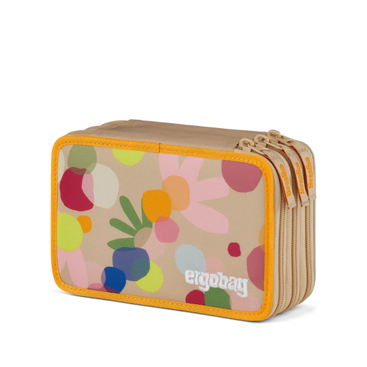 Astuccio FlowBear World Ergobag beige con macchie multicolore pastello e zip gialla, vista esterna