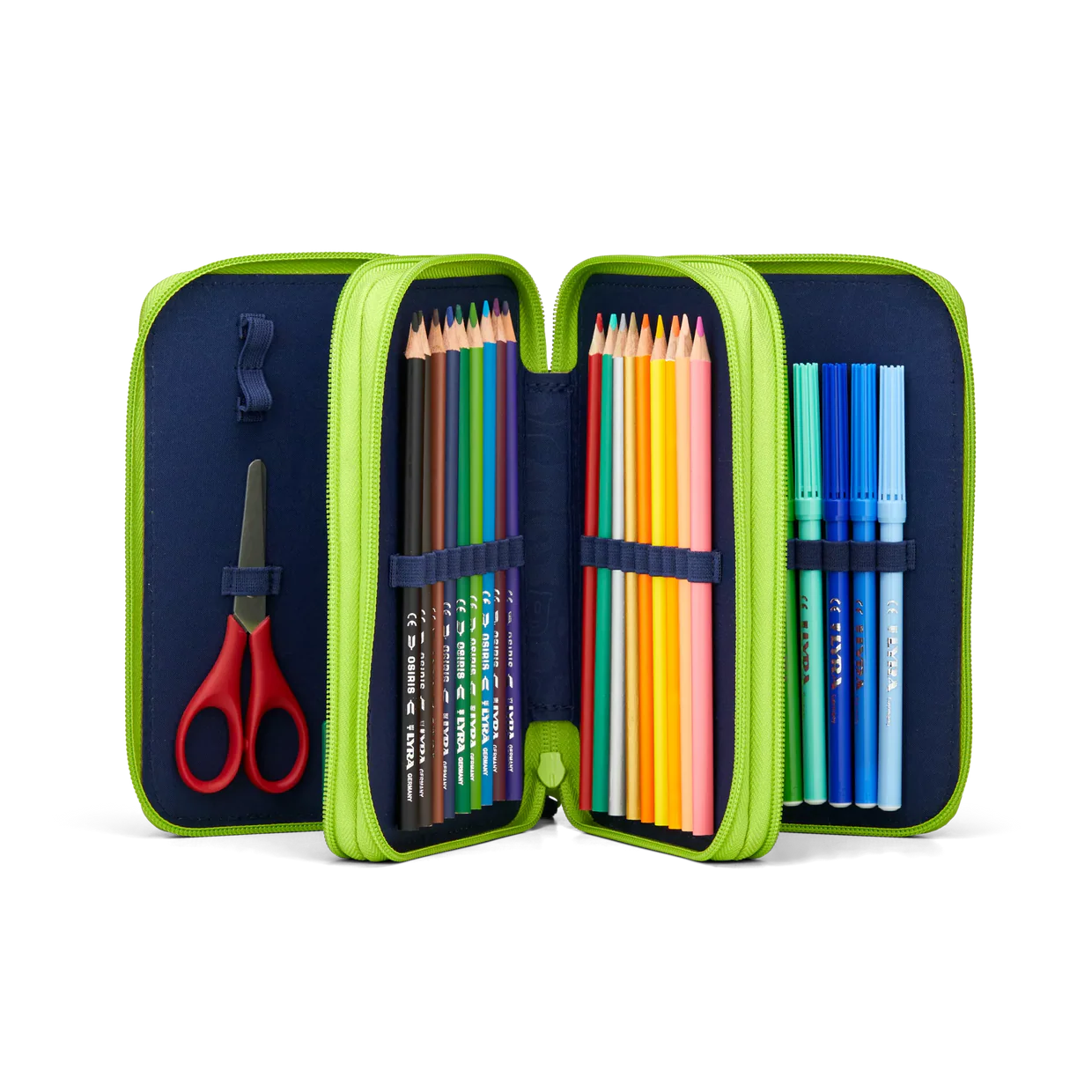 Astuccio Front RunBear Ergobag aperto secondo e terzo scomparto con 18 matite colorate e 18 pennarelli Lyra