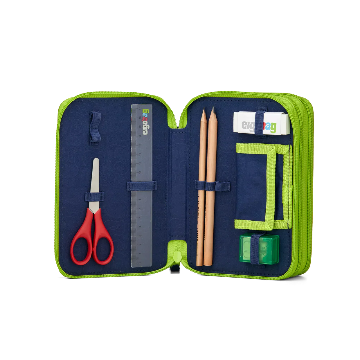 Astuccio Front RunBear Ergobag aperto primo scomparto con matite HB, righello, forbici e gomma
