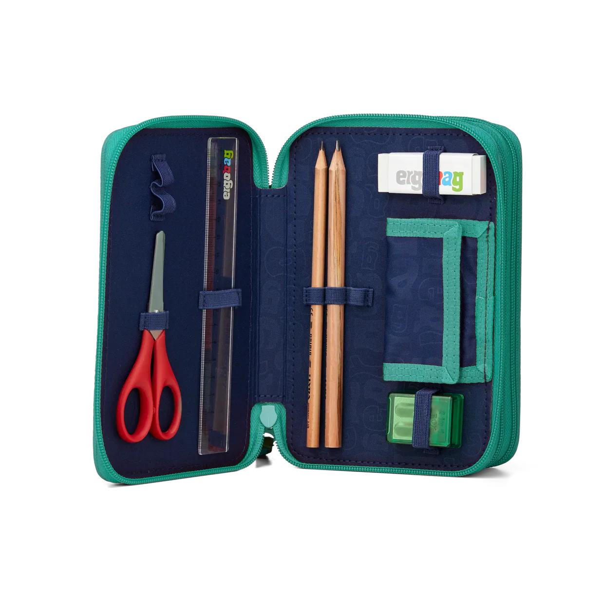 Astuccio HorsedreamBear Ergobag aperto primo scomparto con matite HB, righello, forbici, gomma e temperamatite
