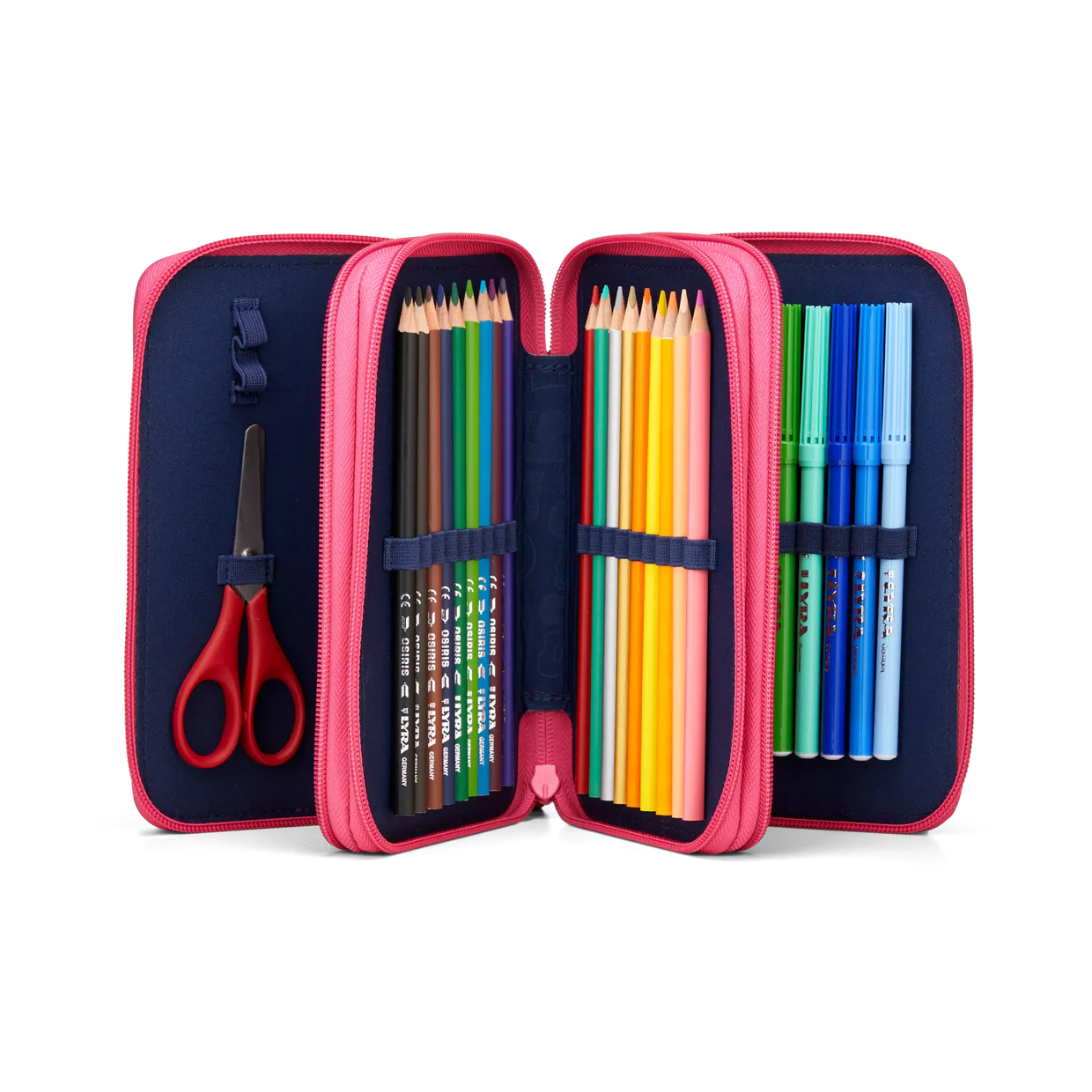 Astuccio StarlightBear Ergobag aperto primo scomparto con matite, righello, forbici e gomma