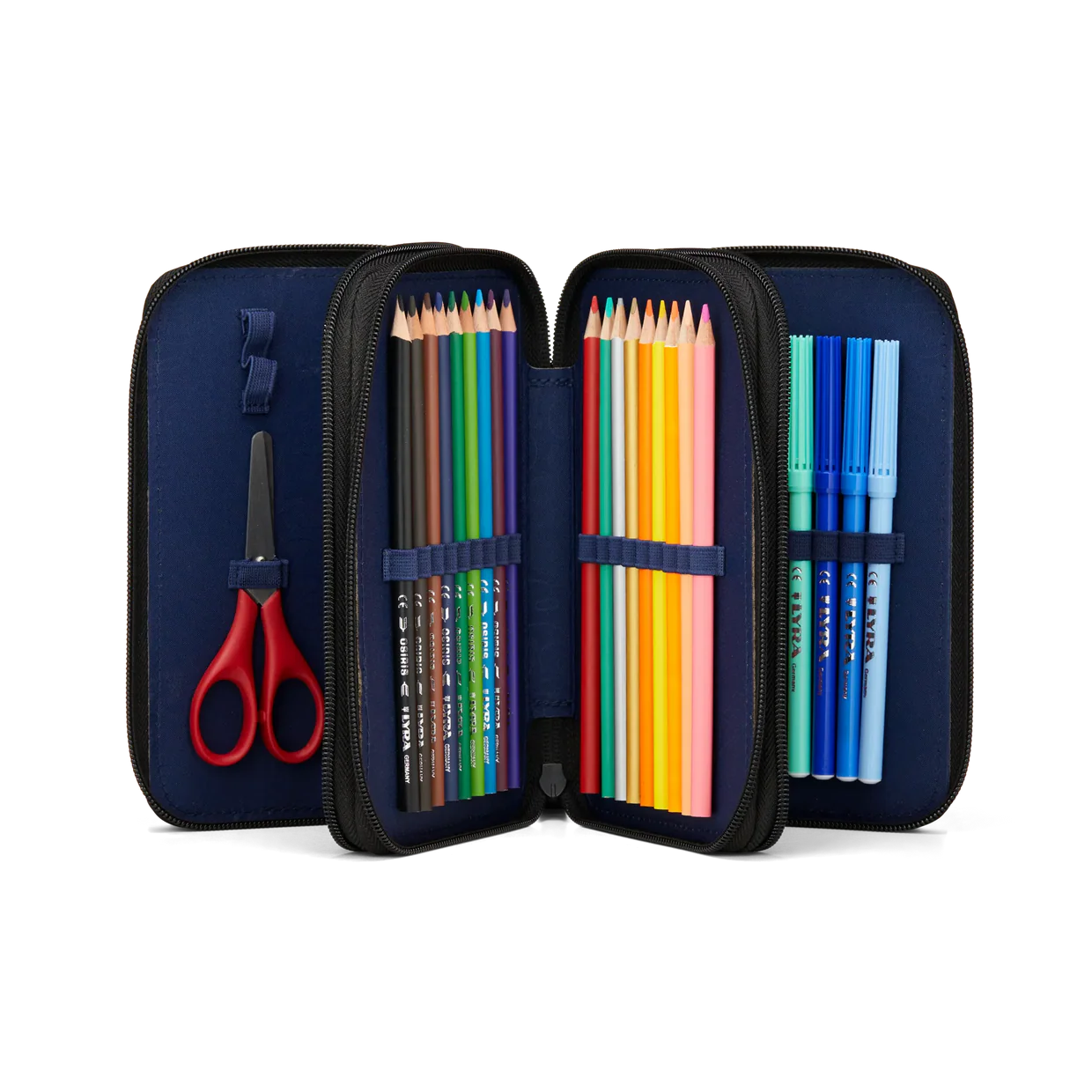 Astuccio UnstoppBearable Ergobag aperto primo scomparto con matite HB, righello, forbici, gomma e temperamatite