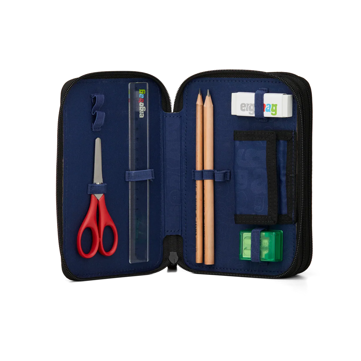 Astuccio UnstoppBearable Ergobag aperto secondo e terzo scomparto con 18 matite colorate e 18 pennarelli Lyra