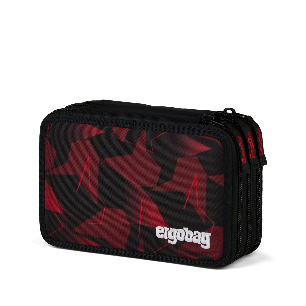 Astuccio UnstoppBearable Ergobag nero con triangoli rosso fuoco, vista esterna
