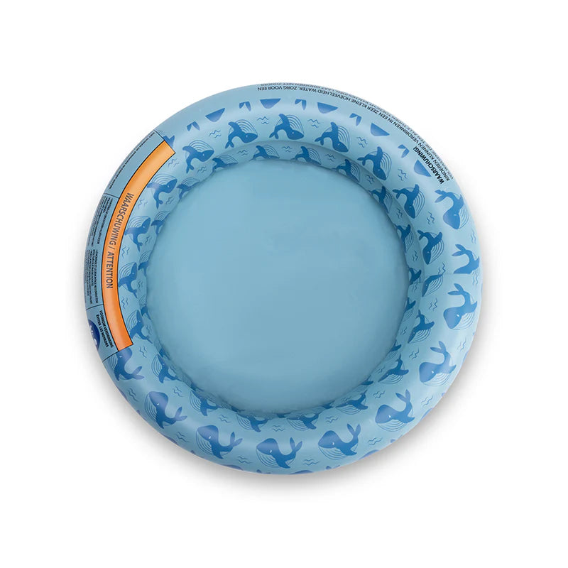 Piscina gonfiabile Whales Swim Essentials – vista dall'alto azzurra con balene su sfondo bianco