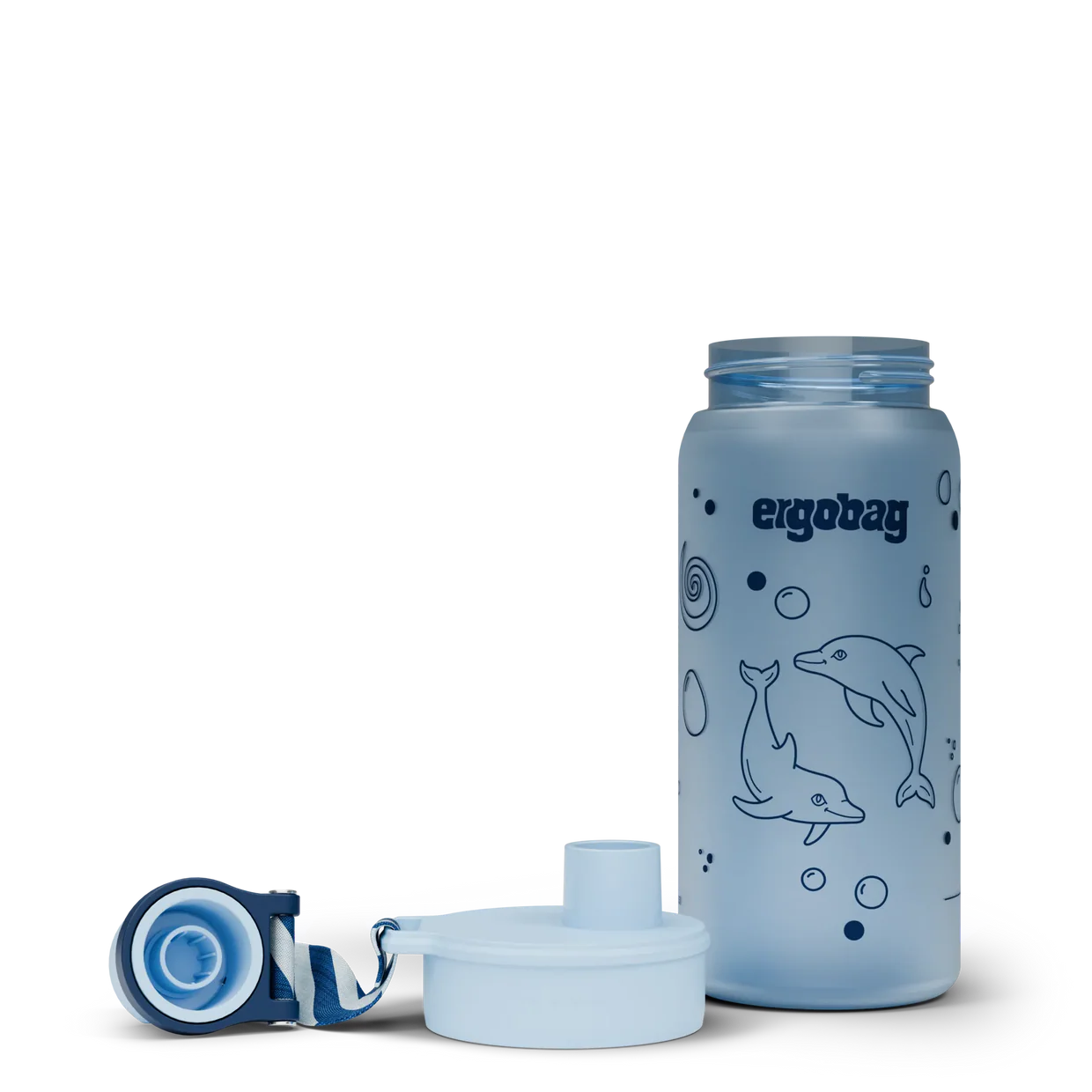 Borraccia Delfino Ergobag dettaglio tappo a vite con beccuccio e laccetto blu a righe