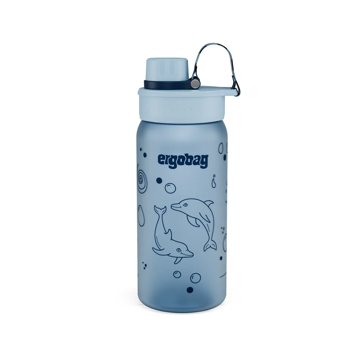 Borraccia Delfino Ergobag blu polvere con delfini e bolle, vista frontale con tappo chiuso