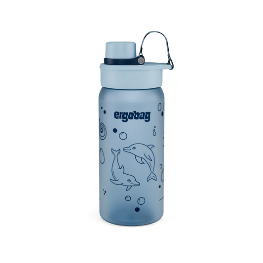 Borraccia Delfino Ergobag blu polvere con delfini e bolle, vista frontale con tappo chiuso