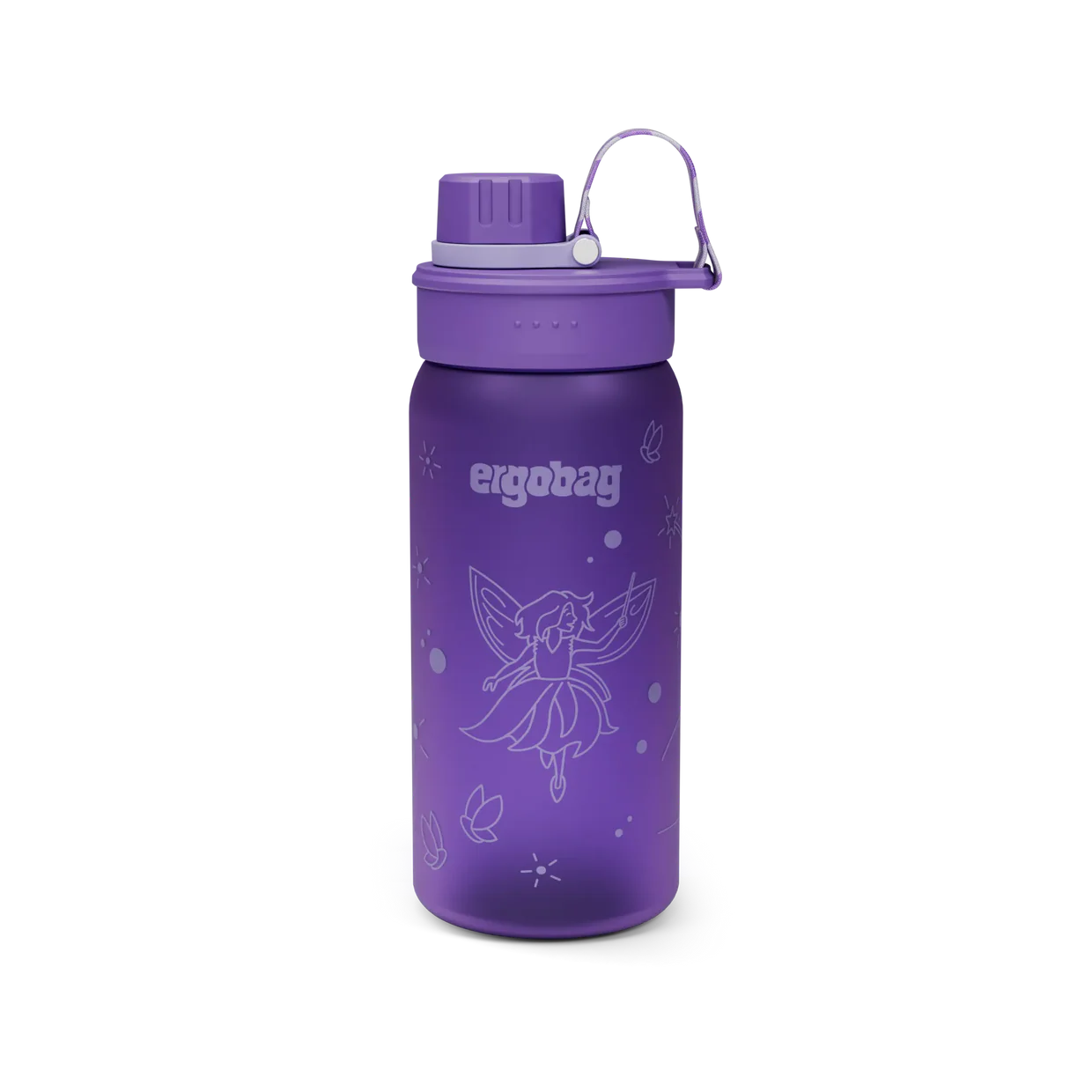 Borraccia Fairy Ergobag viola con fatina e farfalle, vista frontale con tappo chiuso