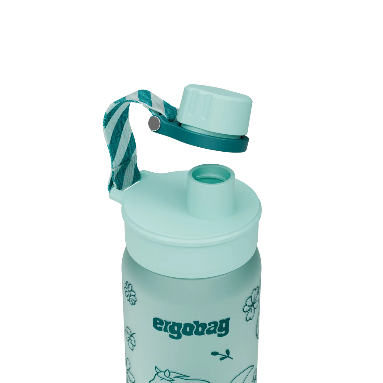Borraccia Horses Ergobag dettaglio tappo a vite con beccuccio e laccetto verde acqua