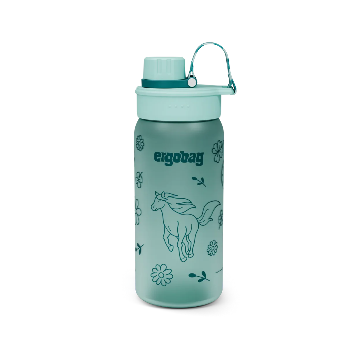 Borraccia Horses Ergobag verde acqua con cavallo al galoppo e fiori, vista frontale con tappo chiuso