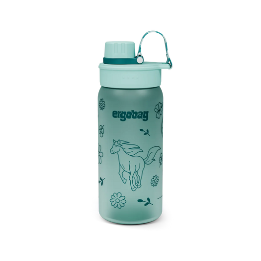 Borraccia Horses Ergobag verde acqua con cavallo al galoppo e fiori, vista frontale con tappo chiuso