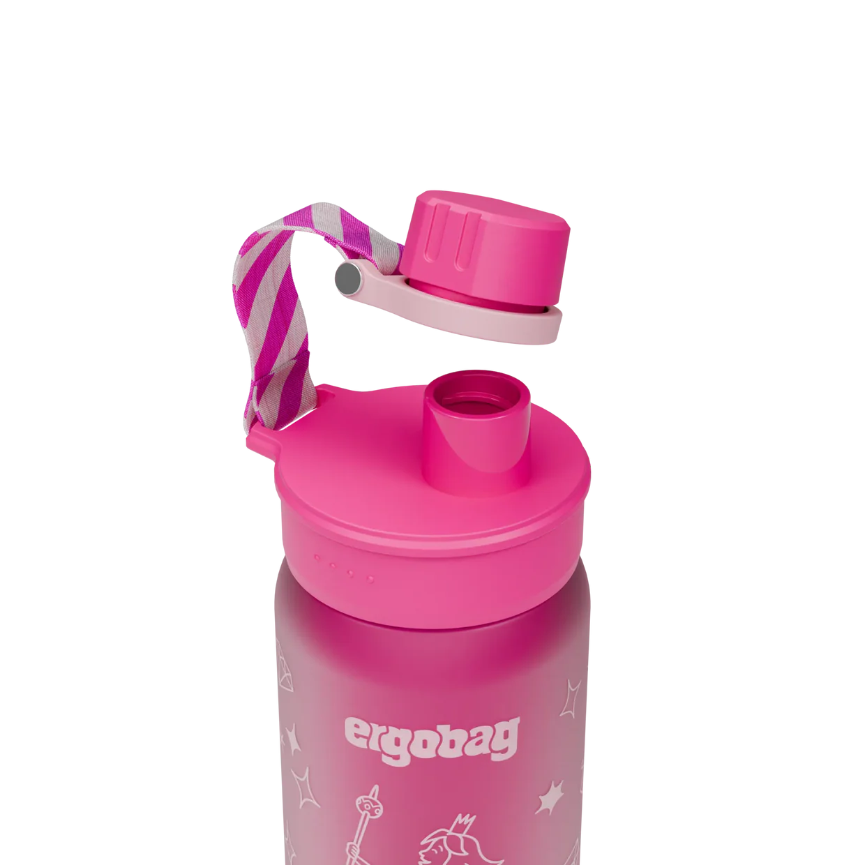 Borraccia Queen Ergobag dettaglio tappo a vite con beccuccio e laccetto rosa a righe aperto