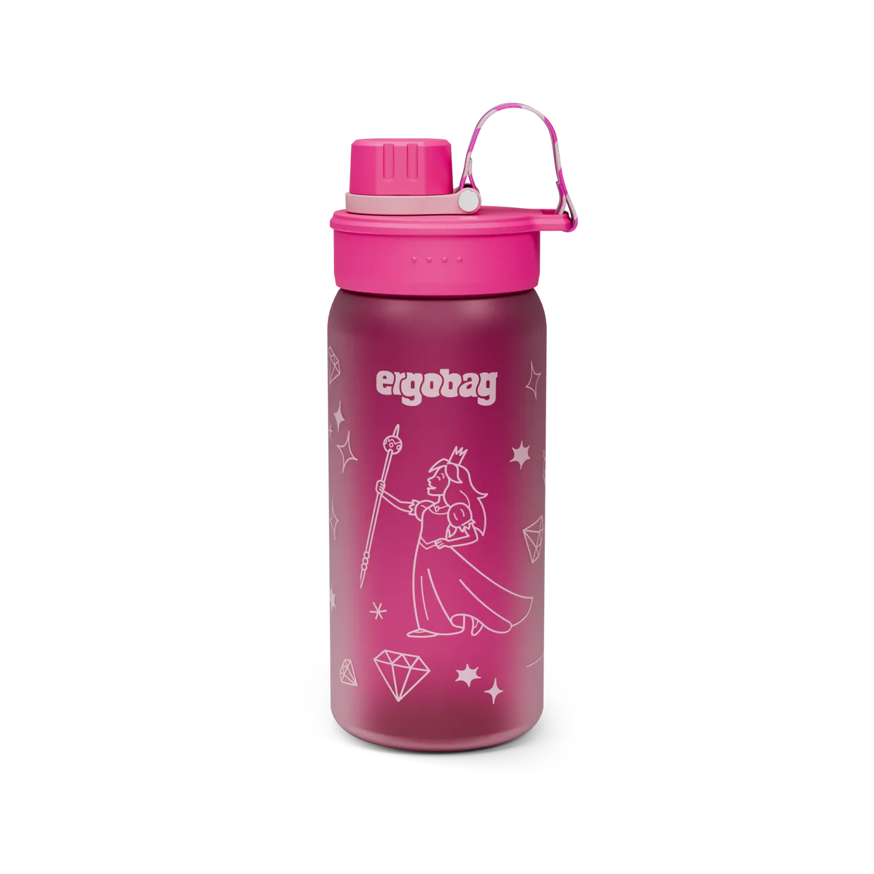 Borraccia Queen Ergobag rosa fucsia con principessa e diamanti, vista frontale con tappo chiuso
