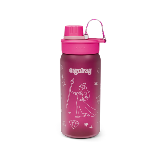 Borraccia Queen Ergobag rosa fucsia con principessa e diamanti, vista frontale con tappo chiuso