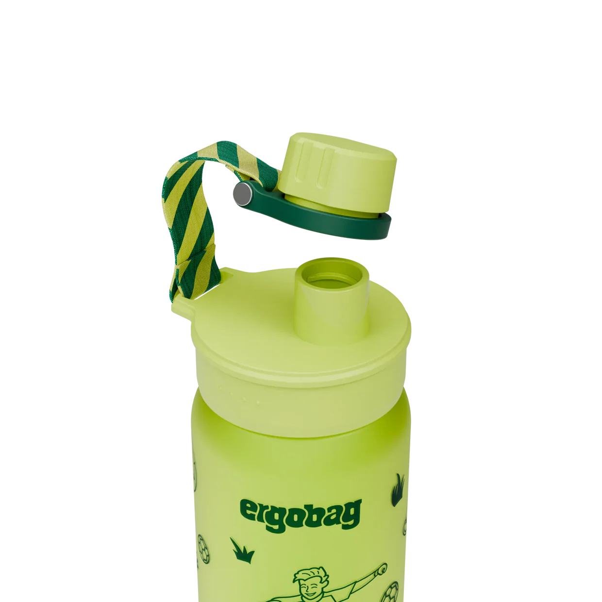Borraccia Soccer Ball Ergobag dettaglio tappo a vite con beccuccio e laccetto verde lime