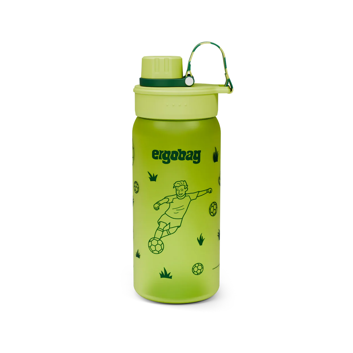 Borraccia Soccer Ball Ergobag verde lime con calciatore e palloni da calcio, vista frontale