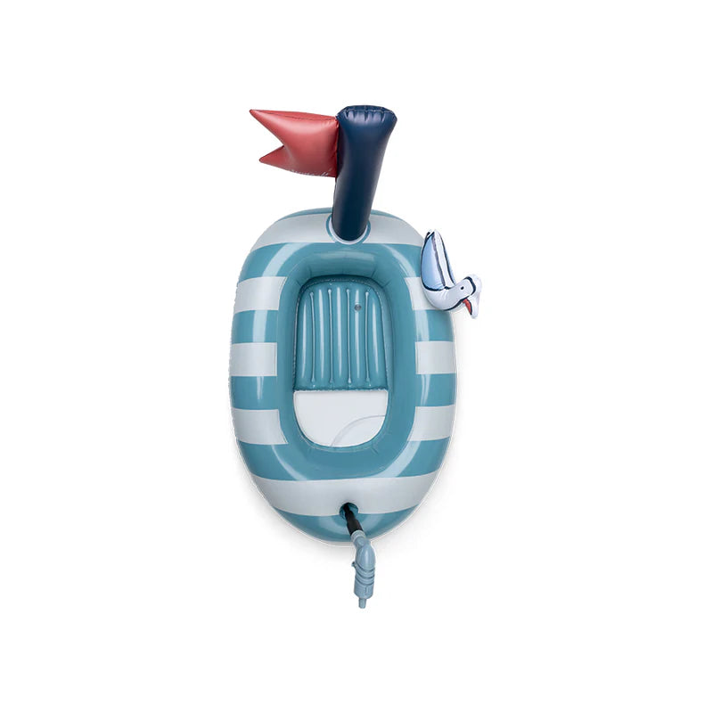 Galleggiante gonfiabile Barca con Gabbiano Swim Essentials – vista dall'alto righe azzurre con gabbiano e bandiera rossa su sfondo bianco