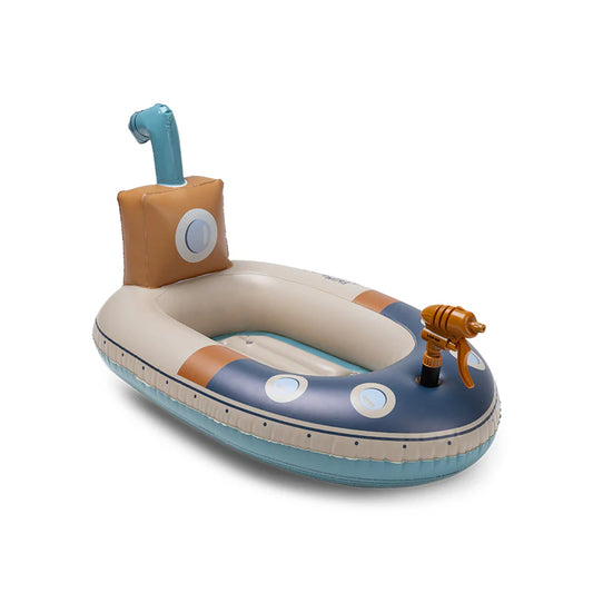 Galleggiante gonfiabile Sottomarino Swim Essentials – vista laterale blu e beige con pistola acqua su sfondo bianco