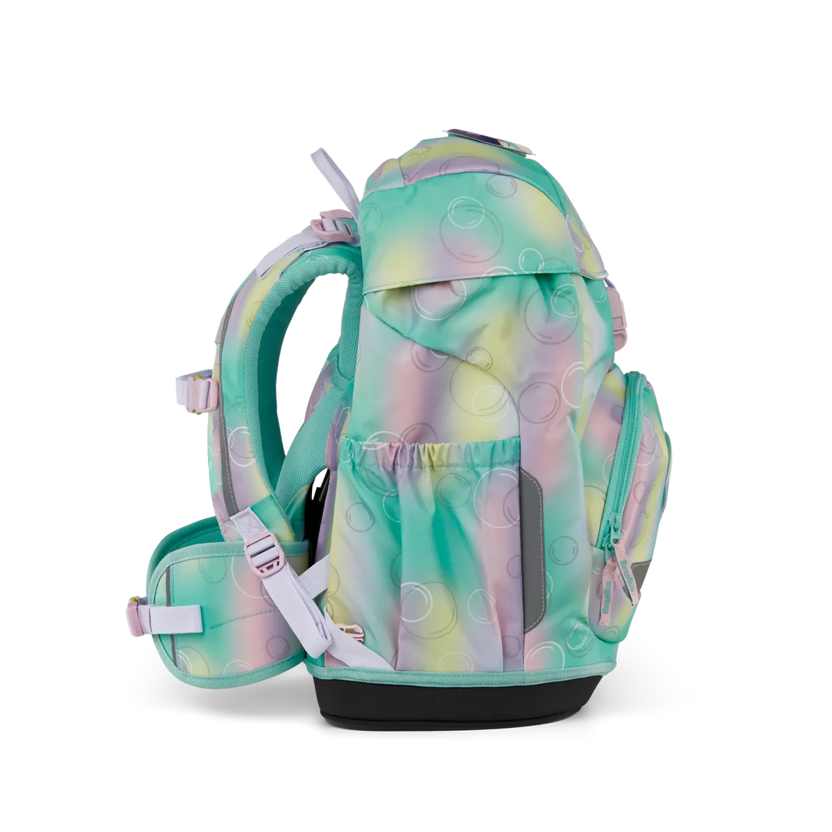Set Zaino Magic BubbleBear Ergobag vista laterale con tasche e cintura lombare
