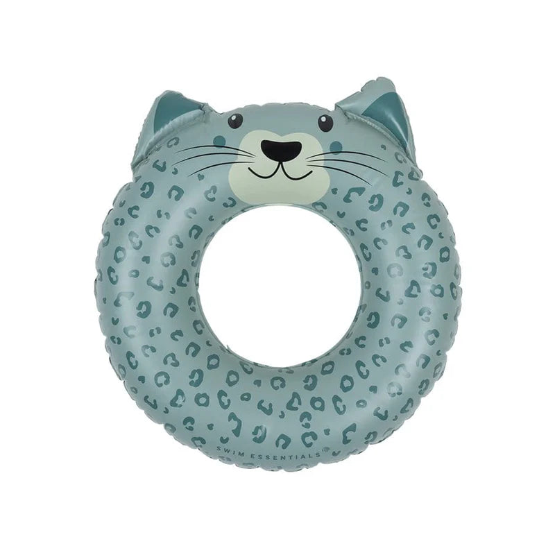 Ciambella gonfiabile Green Leopard Swim Essentials – vista frontale gatto leopardato verde su sfondo bianco