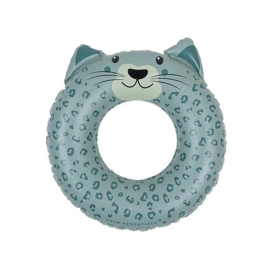 Ciambella gonfiabile Green Leopard Swim Essentials – vista frontale gatto leopardato verde su sfondo bianco