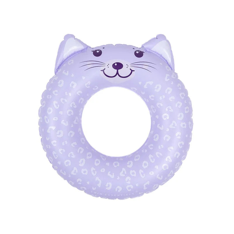 Ciambella gonfiabile Lila Leopard Swim Essentials – vista frontale gatto lilla su sfondo bianco