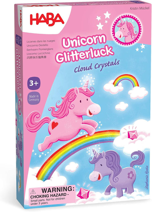 Scatola di Liocorno Luccichino - Il tesoro delle nuvole Haba, con unicorni rosa e viola, arcobaleni e cristalli