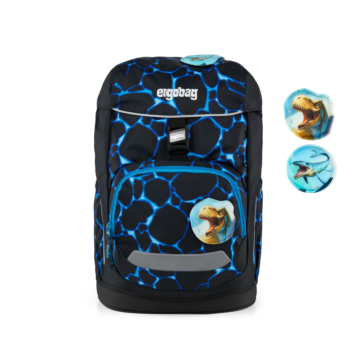 Zaino Bearassic Garden Ergobag vista frontale con Kletties a tema dinosauri