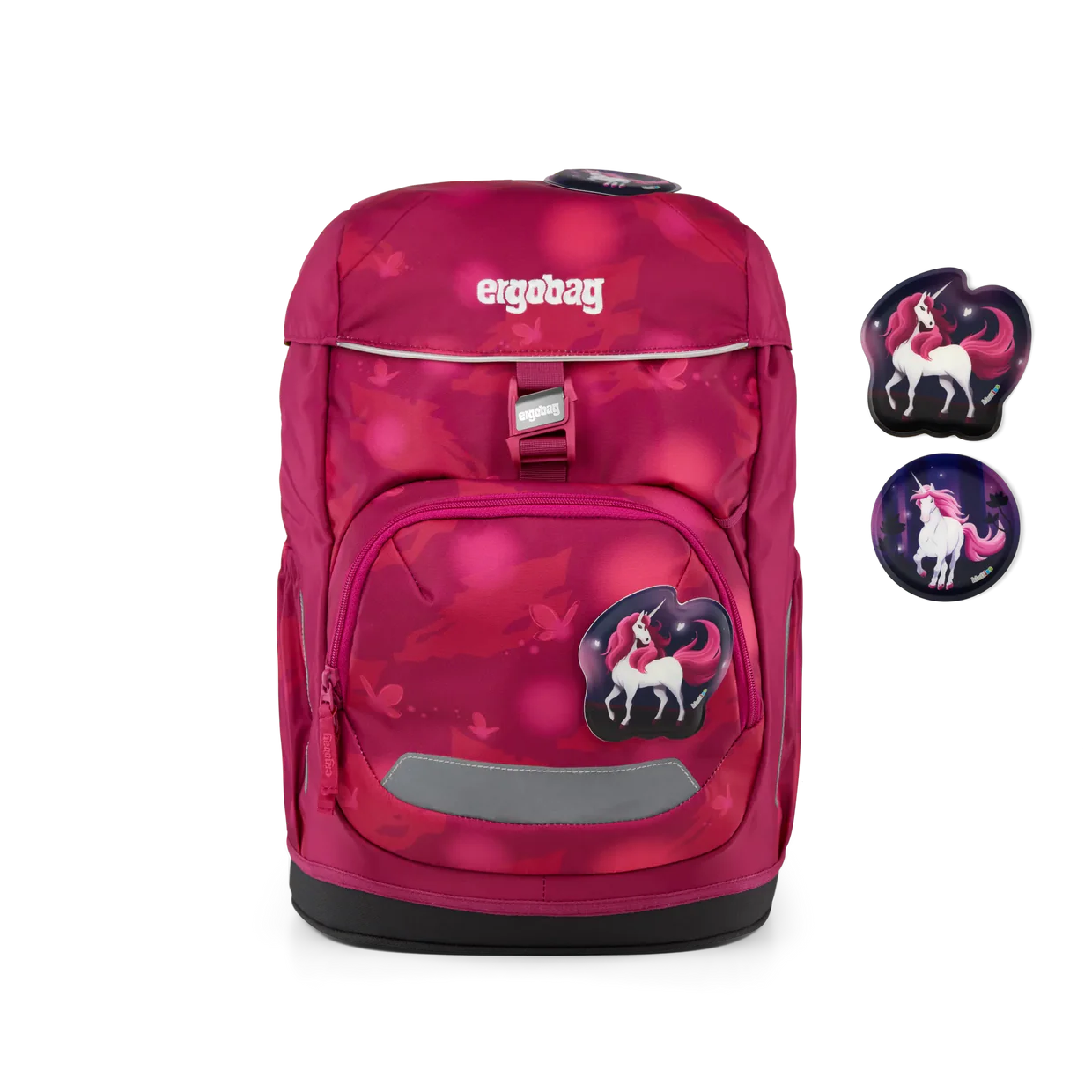 Zaino Bearicorn Ergobag vista frontale rosa fucsia con Kletties a tema unicorno