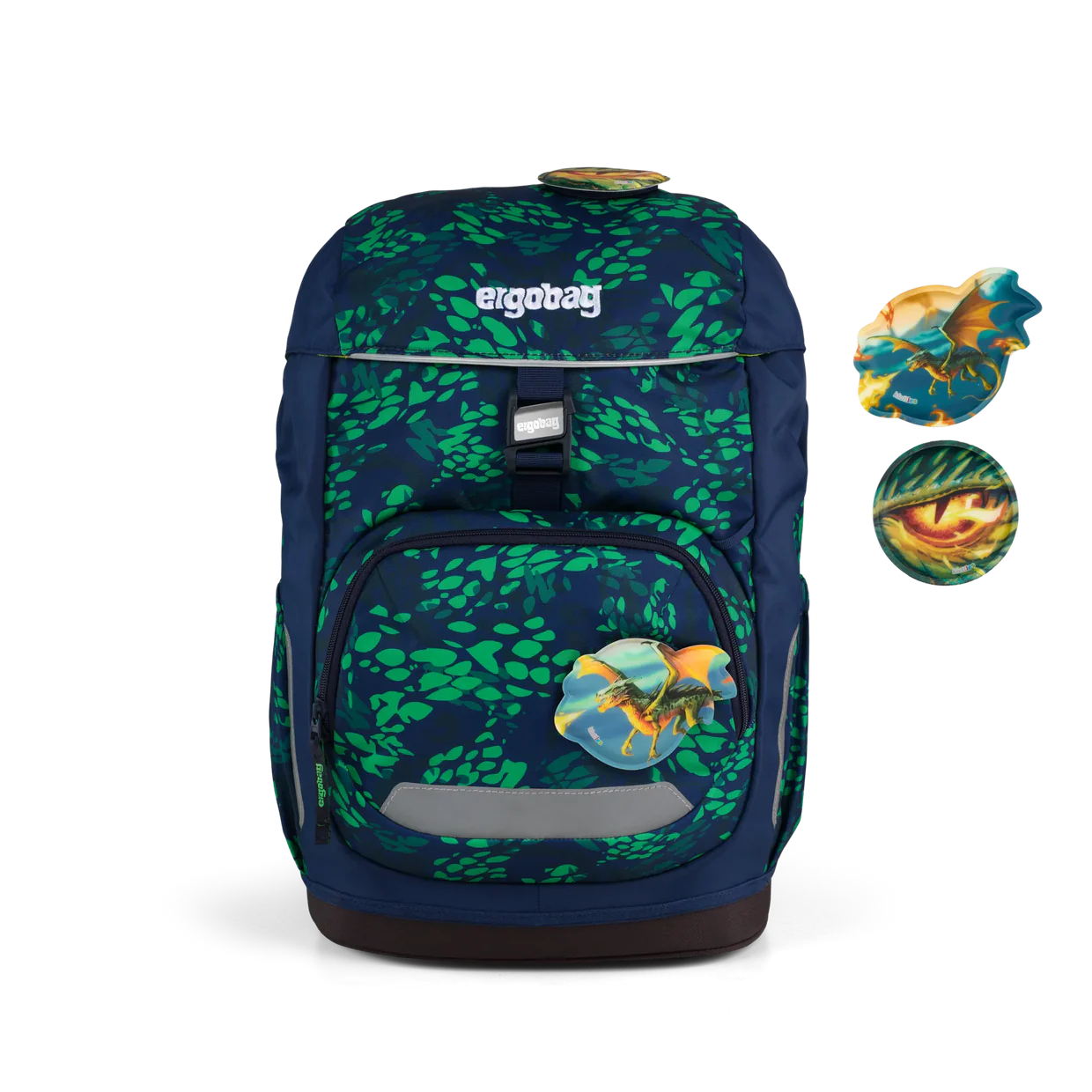 Zaino FireBear Dragon Ergobag vista frontale con Kletties a tema draghi