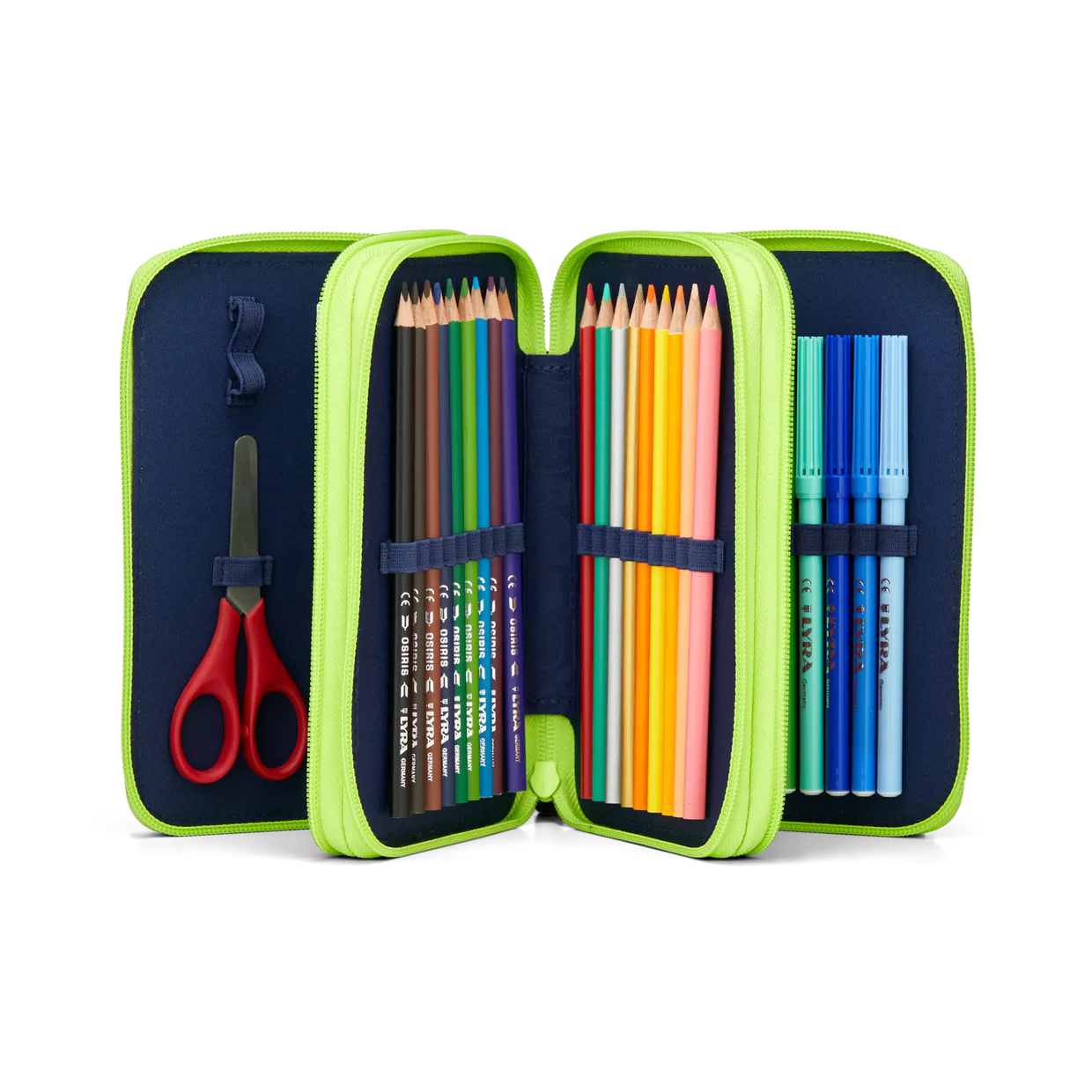 Astuccio CyBear Race Ergobag aperto primo scomparto con matite HB, righello, forbici, gomma e temperamatite