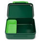Portamerenda Dinosaur Ergobag aperto con vaschetta interna verde lime e scomparto principale vuoti