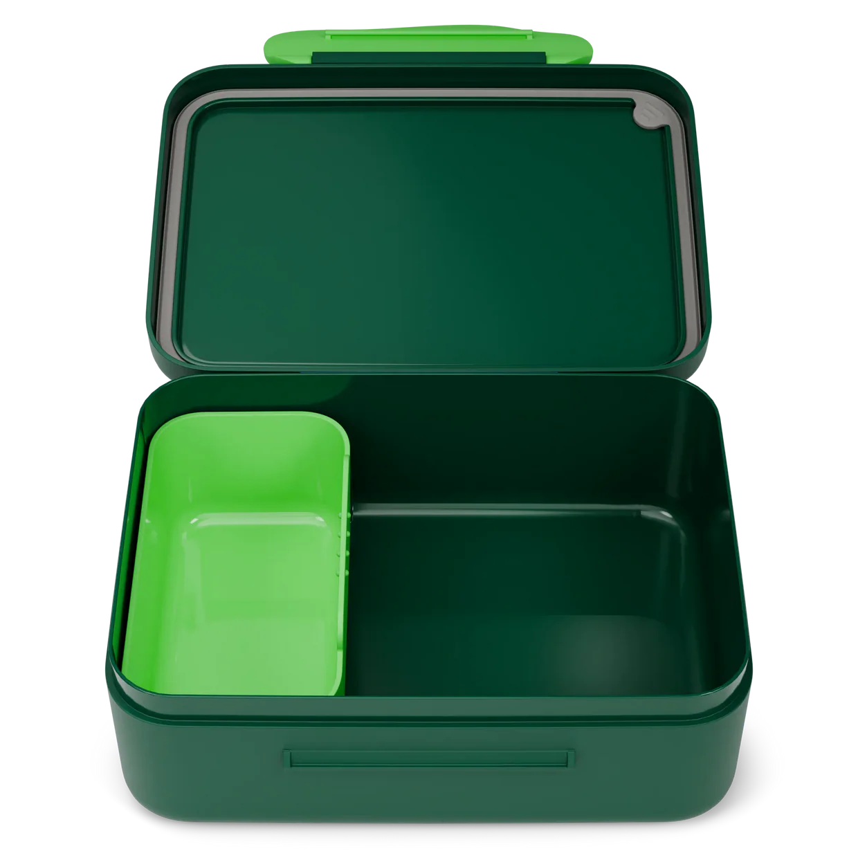 Portamerenda Dinosaur Ergobag aperto con vaschetta interna verde lime e scomparto principale vuoti