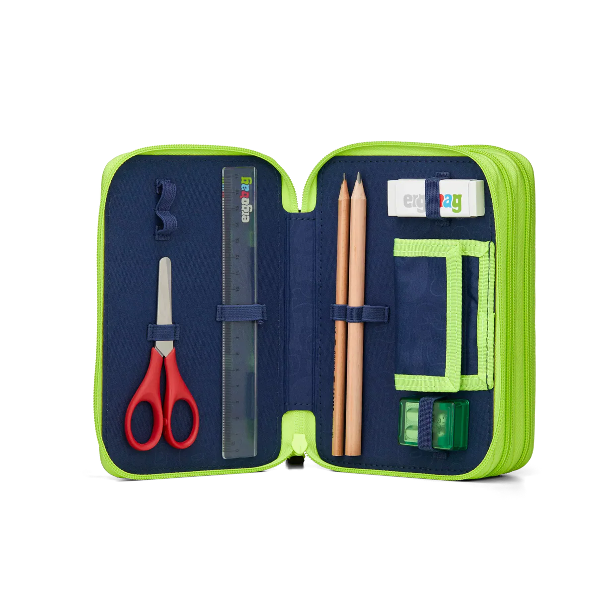 Astuccio CyBear Race Ergobag aperto secondo e terzo scomparto con 18 matite colorate e 18 pennarelli Lyra